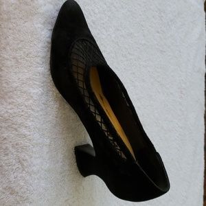 Black suede shoes with slightly chunky heal